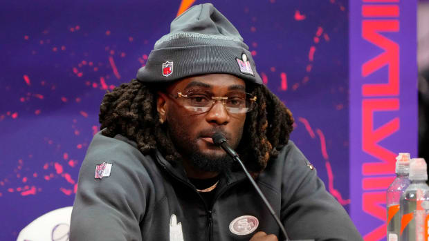Feb 5, 2024; Las Vegas, NV, USA; San Francisco 49ers wide receiver Brandon Aiyuk (11) talks to the media during Super Bowl LVIII Opening Night at Allegiant Stadium. Mandatory Credit: Lucas Peltier-USA TODAY Sports  
